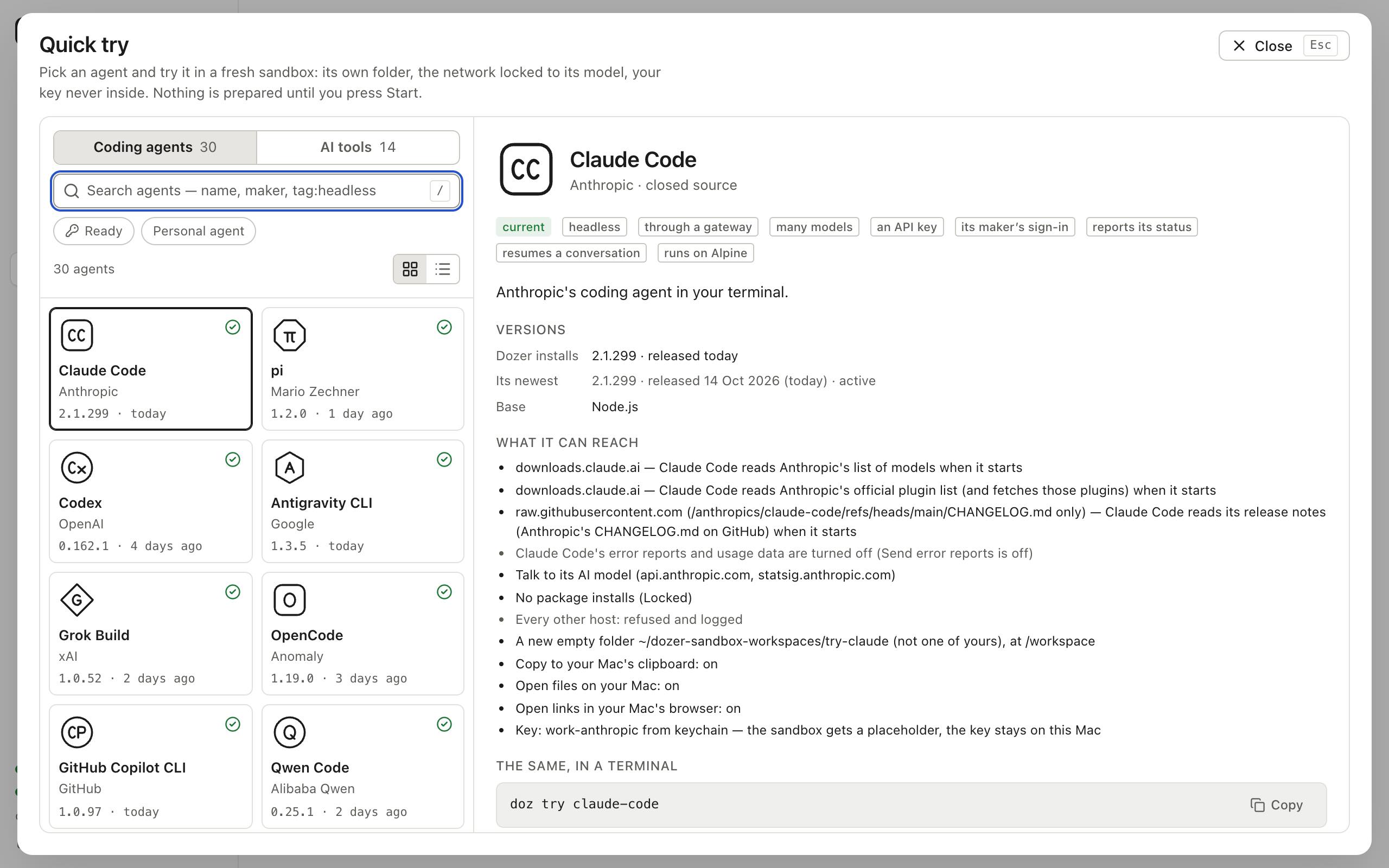 Quick try: coding agents and AI tools, with filters and each tool's readiness
