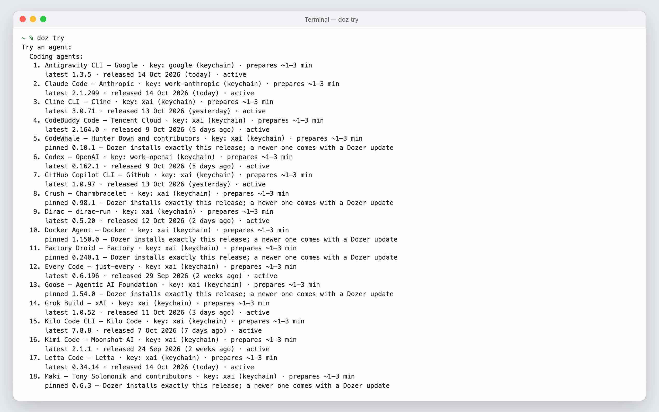 doz try lists the coding agents and AI tools, and which have a key ready