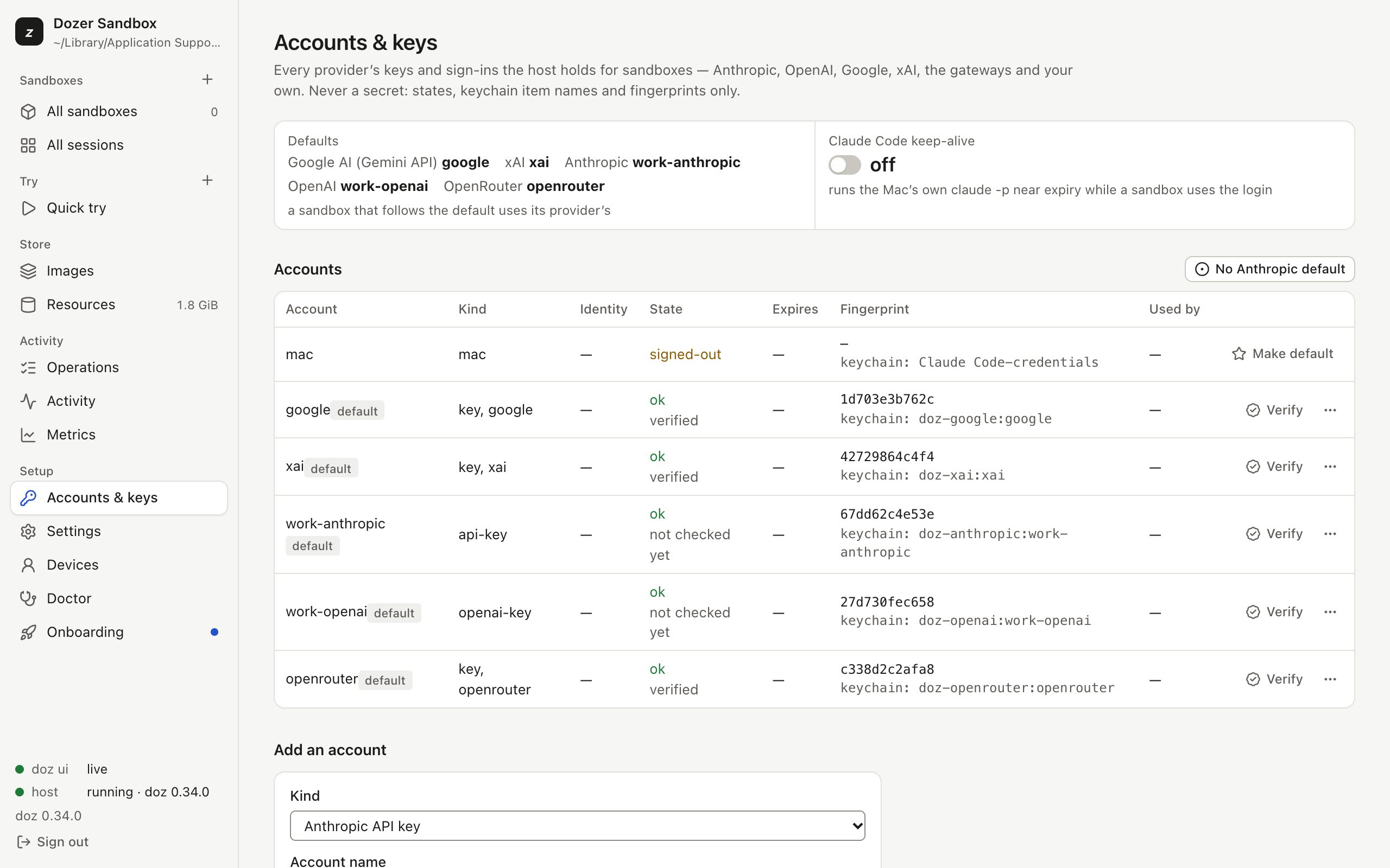 Accounts & keys: keys grouped by provider, a refused key first