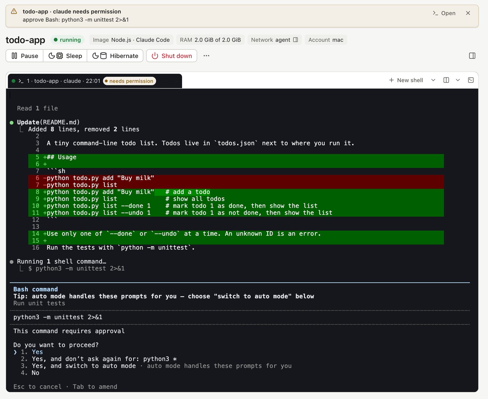 Claude Code asking to run the tests: the notice at the top names the command, and the tab says needs permission