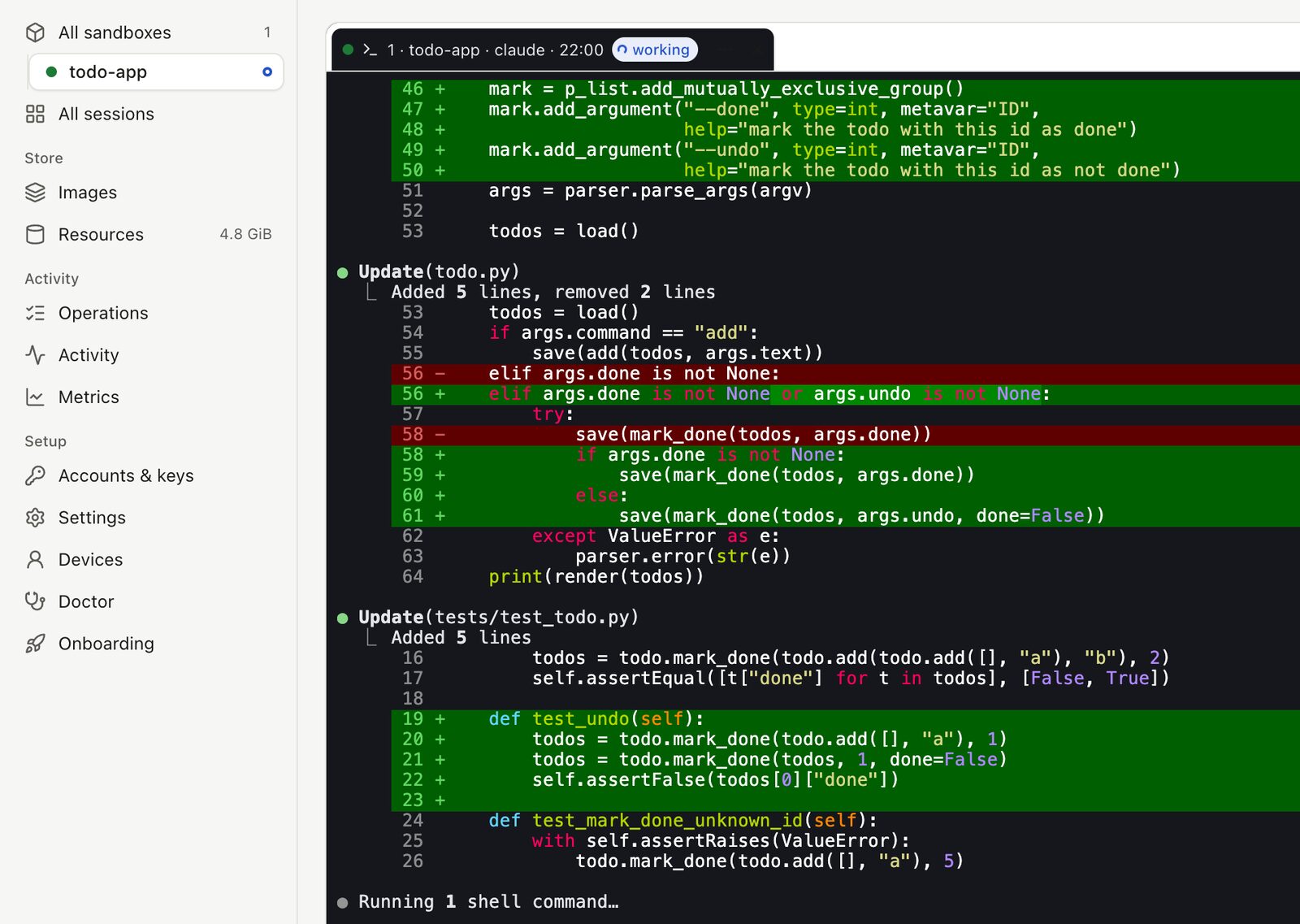 A Claude Code session at work: the tab says working, and the sandbox has a dot in the sidebar