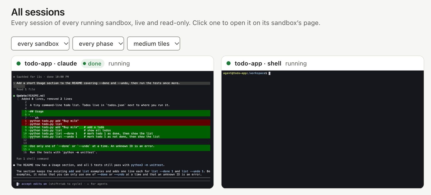All sessions: the Claude Code tile says done, beside a plain shell