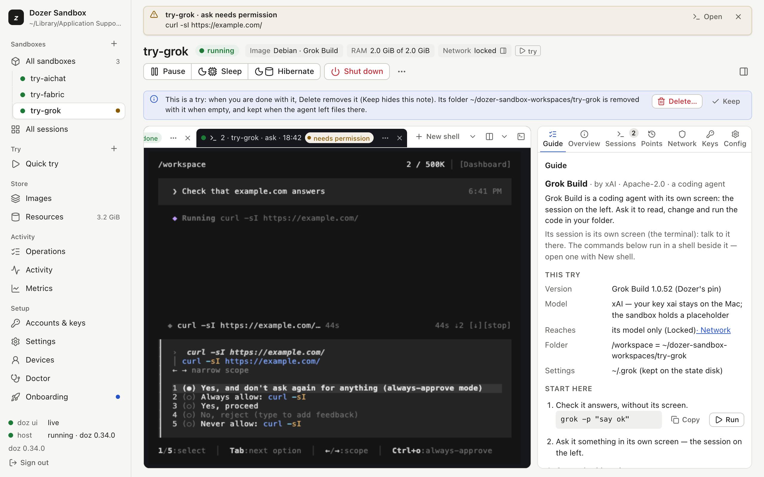 Grok Build asking permission to run a command: the notice names it, and the tab says needs permission