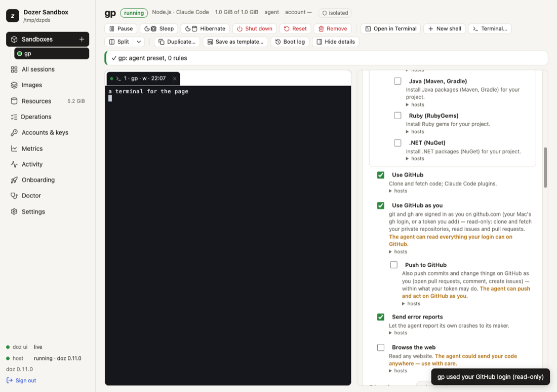 The GitHub switches in a sandbox's permissions