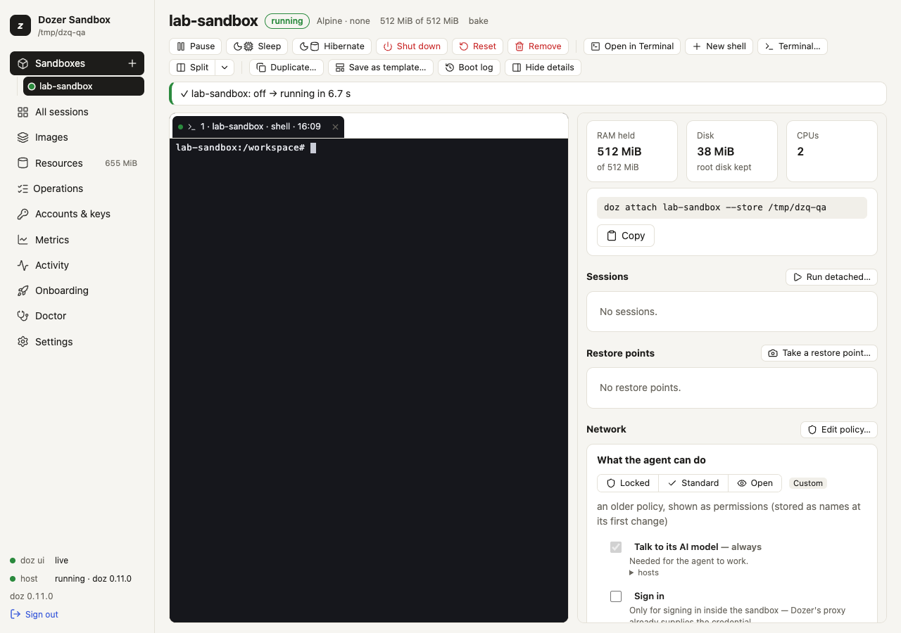 Quick add: the new sandbox's page, its terminal live