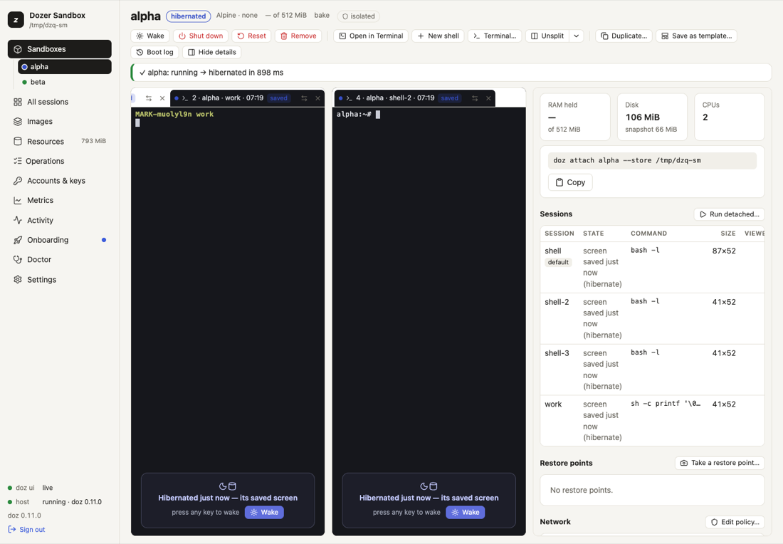 A hibernated sandbox's saved screens